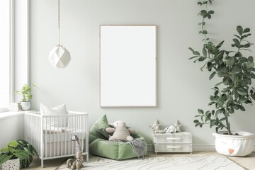 a nursery with a crib , bean bag chair , plant and a picture frame on the wall