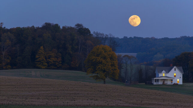 A quaint farmhouse sits at the base of a hill its windows aglow from the harvest moon as workers gather gs in the nearby fields. . .
