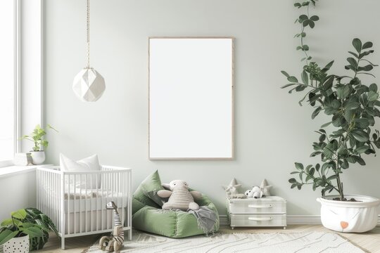 a nursery with a crib , bean bag chair , plant and a picture frame on the wall