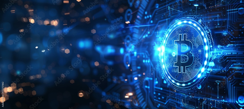 Poster glowing blue bitcoin. blockchain crypto currency. generative ai technology.