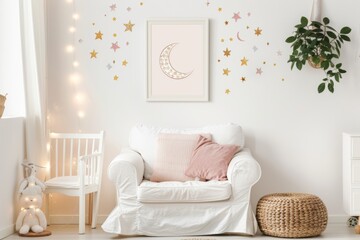 Fototapeta na wymiar House with white couch, crescent moon picture, cozy interior design
