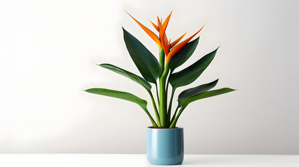 A small blue pot with a plant in it sits on a white floor. The plant is a small palm tree with green leaves and orange flowers. The pot is placed on a table that is mostly white - obrazy, fototapety, plakaty