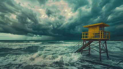 Lifeguard tower overlooking crazy ocean waves, high angle, stormy skies, dramatic contrast, vibrant turmoil , digital photography - Powered by Adobe