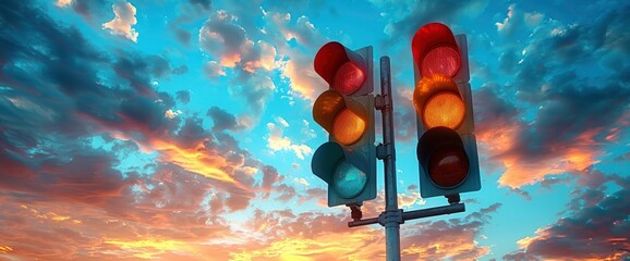 Traffic Light Signs Ahead Warning Blue, Background Banner HD - obrazy, fototapety, plakaty