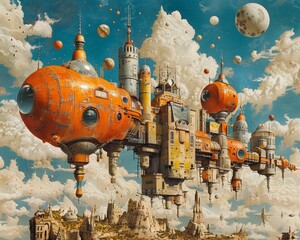 Explore the fantastical realm of our Dada art exhibition, where titans interact with bizarre and nonsensical technological inventions, film stock