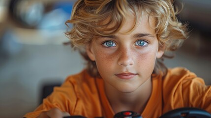 A boy's intense look navigating a remote control car