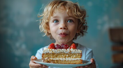 A boy's look of surprise receiving a birthday cake - obrazy, fototapety, plakaty
