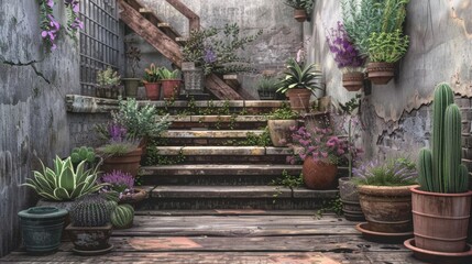 An old wooden staircase adorned with potted lavender succulents and cacti creating a charming and unexpected oasis in the midst of the concrete jungle.