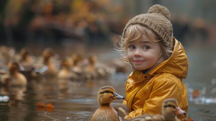 A child's happiness while feeding ducks at a pond