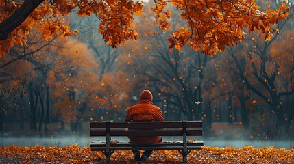 A contemplative individual sitting on a park bench during autumn - obrazy, fototapety, plakaty