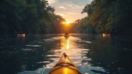 A family enjoying a leisurely kayak trip down a gentle river