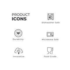 Product Packaging icons line art icons BPA free, water resistant, dish washer, innovative, premium, microwave safe, food grade, fast delivery, customer support 