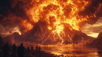 A group's collective awe watching a volcano erupt from a safe distance - obrazy, fototapety, plakaty