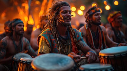 A group's energy during a drum circle - obrazy, fototapety, plakaty
