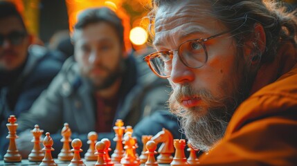 A group's tension and strategy during a chess tournament - obrazy, fototapety, plakaty