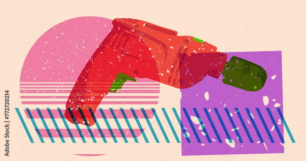 Poster risograph drill, power tool with geometric shapes animation. moving object in trendy riso graph desi