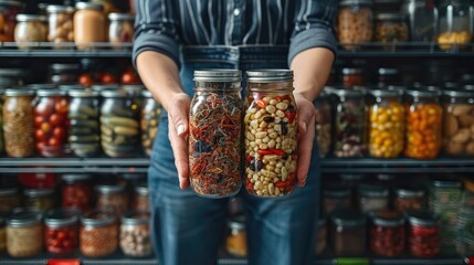 A person organizing a cluttered pantry with new storage solutions - obrazy, fototapety, plakaty