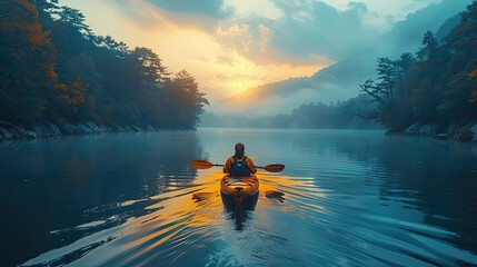 A person's solitude and peace while kayaking on a calm lake - obrazy, fototapety, plakaty