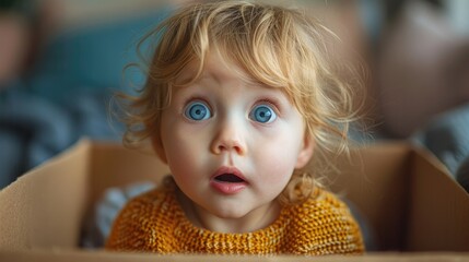 A toddler's look of surprise at a jack-in-the-box - obrazy, fototapety, plakaty