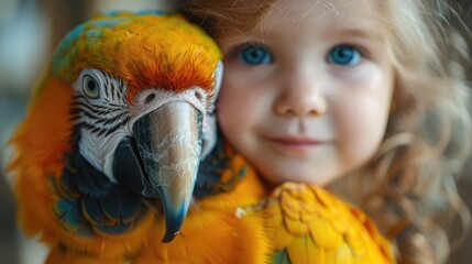 A toddler's wide-eyed look at a colorful parrot