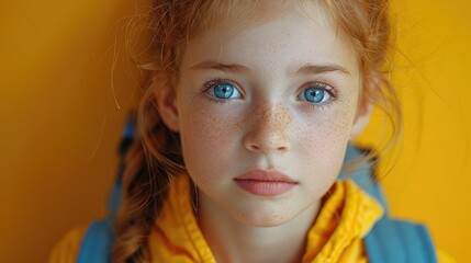 A young girl's apprehensive look on the first day of school - obrazy, fototapety, plakaty