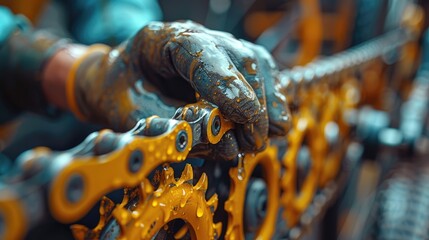 An individual cleaning and oiling a squeaky bicycle chain - obrazy, fototapety, plakaty
