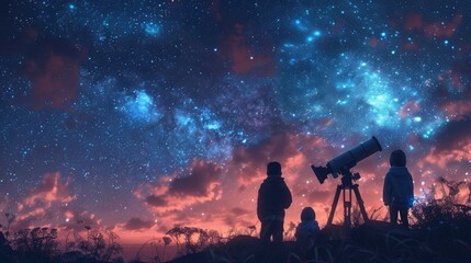 Parents and children having a backyard astronomy night with telescopes - obrazy, fototapety, plakaty
