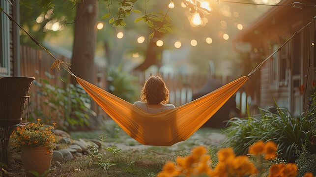 An individual setting up a hammock or swing in the backyard