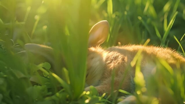 Bunny rabbit sleeping in green grass. 4k video animation