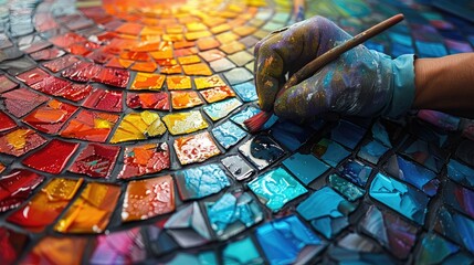 Someone crafting a colorful mosaic from broken tiles