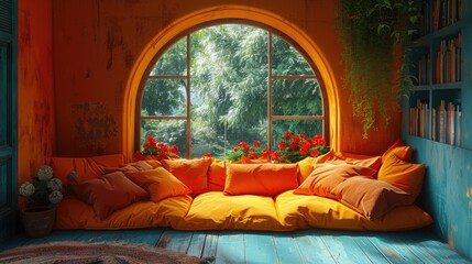 Someone setting up a cozy reading nook with lots of pillows - obrazy, fototapety, plakaty