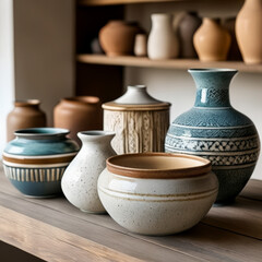 Fototapeta na wymiar Handmade ceramic vases on the shelf in the rustic kitchen