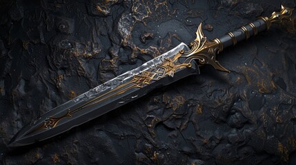 a dagger from a dynamic tilted angle view, emphasizing its sharpness and intricate details Incorporate a moody color scheme