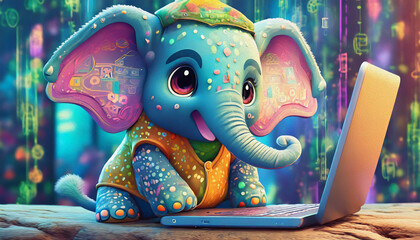 Oil painting style baby elephant cartoon character hacker hands using laptop with creative binary cod