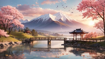 Digital Wallpaper Illustration of Beautiful Sunset Views with Mountains, lake, river and sakura tree