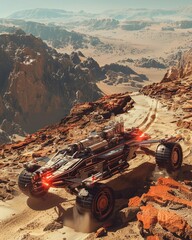 Imagine the Mars Rovers , with the vast Martian background Highlight the intricate details of the rovers to showcase their advanced technology and durability