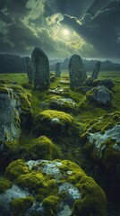 Ancient Stone Circle, Moss-covered, Holding ancient secrets, Moonlight breaking through clouds