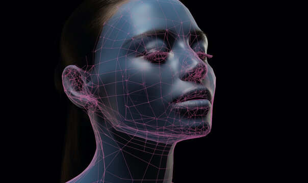 A blue female face with a fine pink grid overlaid to depict a facial recognition technology; rendered tech background image