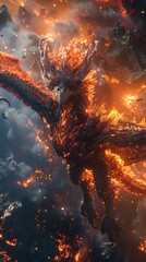 an Dragon infernal sinister form with fiery details and menacing presence - obrazy, fototapety, plakaty