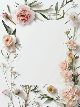 blank white card, surrounded by watercolor of Ranunculus, Peonies, roses, Bunny tails , Ballerina Rose, grass flower, rose colors, Victorian style, illustration made with generative AI