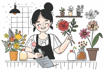 Cartoon cute doodles of a florist sketching out ideas for new floral designs and arrangements, Generative AI