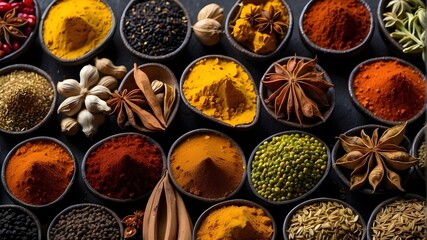 Curry red leaf collection, organic cumin, coriander, black seed, and cardamon Indian turmeric pepper anise ingredient seasoning spice black cooking star natu backdrop allspice food group