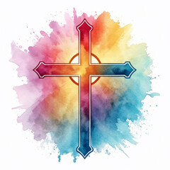Watercolor Christian cross on abstract watercolor background. Christian symbol.