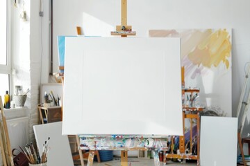 A white canvas is displayed on a wood easel in the art studio