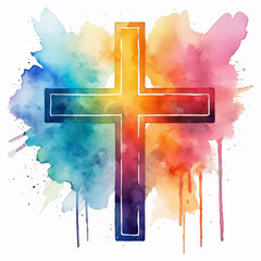 Watercolor Christian cross on abstract watercolor background. Christian symbol.