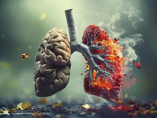 Smoking harms both lung and brain health, as the fire of tobacco smoke inflicts damage on vital organs. - obrazy, fototapety, plakaty
