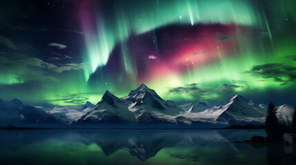 Celestial Aurora over a mountain lake with the reflection in the water an awe-inspiring astrophotography image