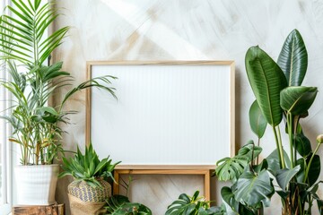 Potted plants surround a white board in the interior design of a building