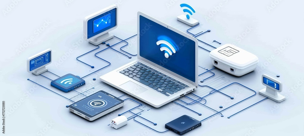Poster laptop and modern device gadget for digital social media marketing advertisement. wireless network. 