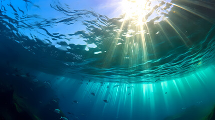 Sun's rays penetrate in clear blue underwater scene